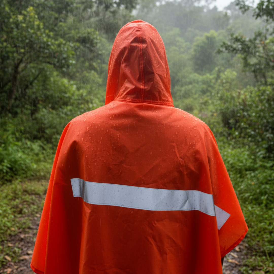The Trekshield 3-in-1 poncho in High-Visibility Safety Orange, designed to keep Camino pilgrims safe and visible to traffic during road walking sections in heavy rain and fog.
