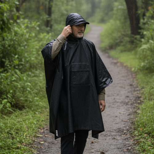 A pilgrim hiking the Camino de Santiago in the rain, wearing the Australian-designed 285g Trekshield poncho that covers a 55L backpack to keep straps dry and ventilated.